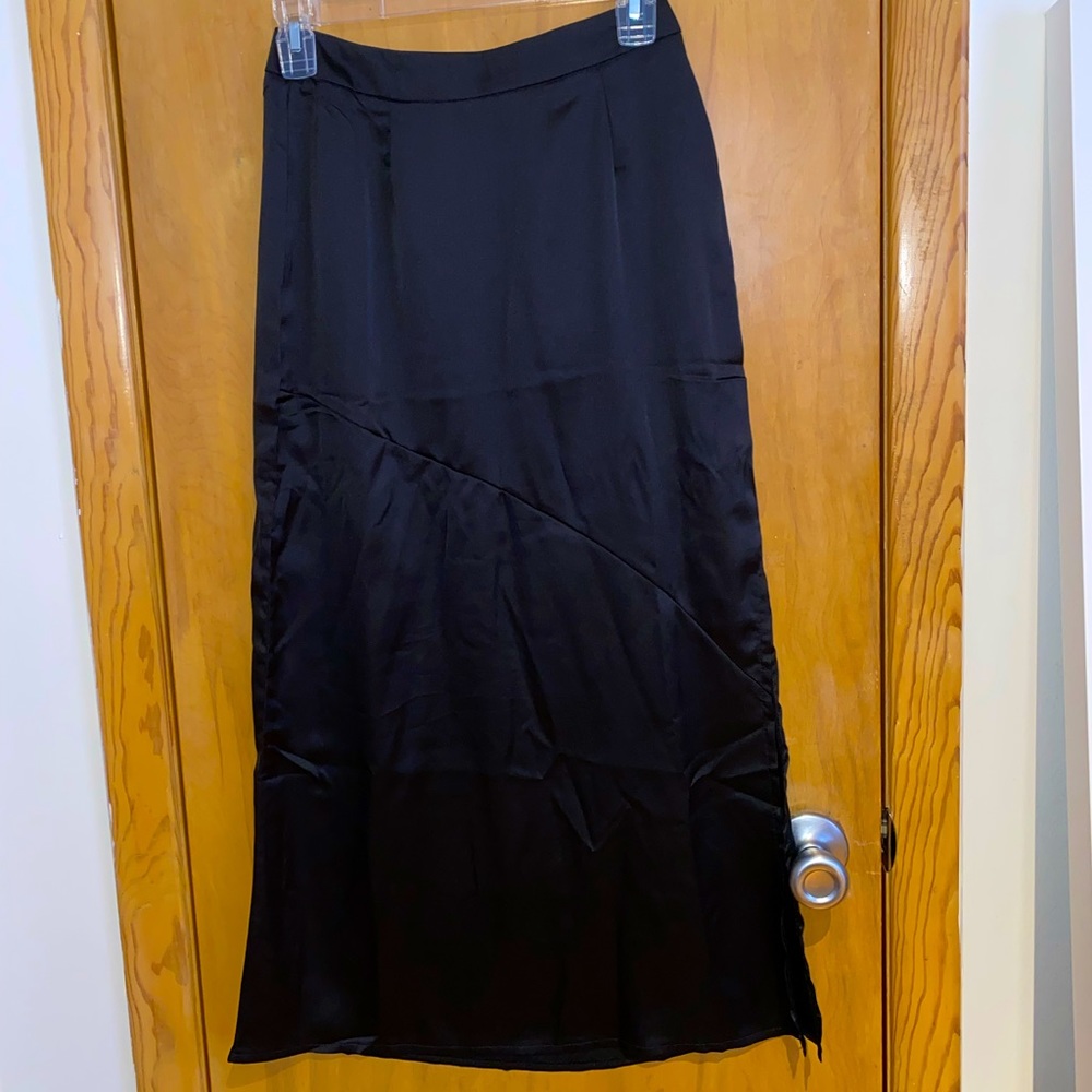Black Satin Bias Cut Satin Midi Slip Skirt
